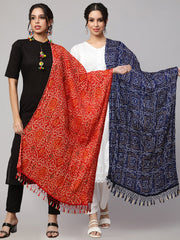 Women Blue Bandhini And Red Bandhani Dupatta Combo, Pack Of Two