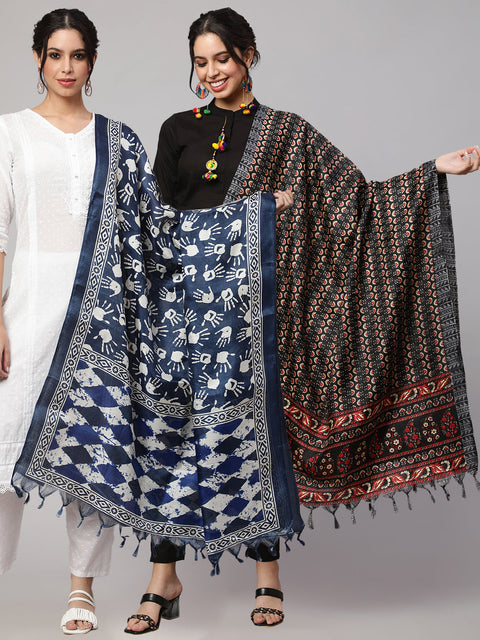 Women Blue And Black Printed Dupatta Combo, Pack Of Two