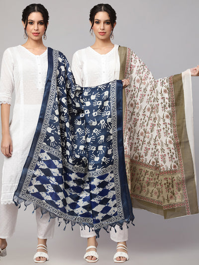 Women Blue And Off White Printed Dupatta Combo, Pack Of Two