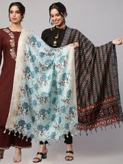 Women Black And Beige Printed Dupatta Combo, Pack Of Two