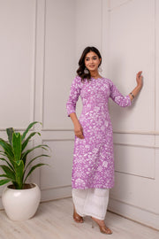 Women Lavender Calf Length Three-Quarter Sleeves Straight Floral Printed Cotton Kurta With Face Mask