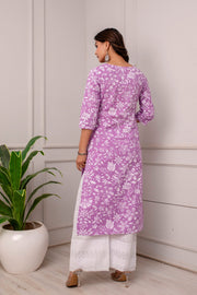 Women Lavender Calf Length Three-Quarter Sleeves Straight Floral Printed Cotton Kurta With Face Mask