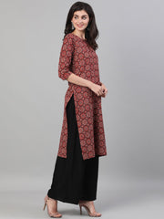 Women Maroon Calf Length Three-Quarter Sleeves Straight Ethnic Motif Printed Cotton Kurta with pockets And Face Mask