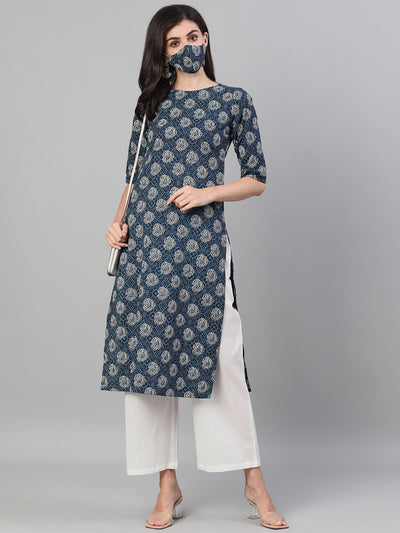 Women Blue Calf Length Three-Quarter Sleeves Straight Bandhani Printed Cotton Kurta with pockets And Face Mask