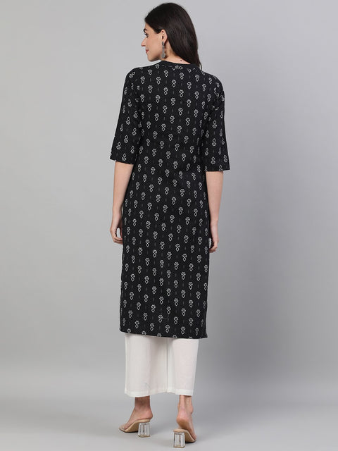 Women Black Calf Length Three-Quarter Sleeves Straight Geometric Printed Cotton Kurta with pockets And Face Mask