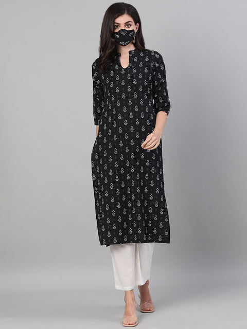 Women Black Three-Quarter Sleeves Straight Kurta With Palazzo and pockets With Face Mask