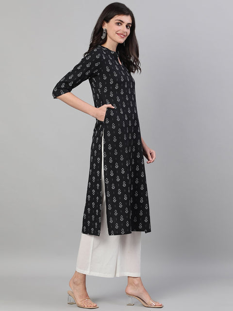 Women Black Three-Quarter Sleeves Straight Kurta With Palazzo and pockets With Face Mask