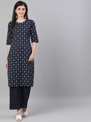 Women Navy Blue Three-Quarter Sleeves Straight Kurta With Palazzo and pockets