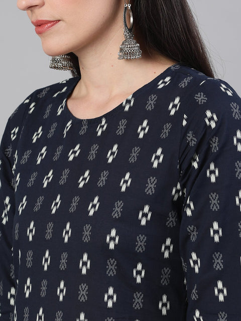 Women Navy Blue Three-Quarter Sleeves Straight Kurta With Palazzo and pockets