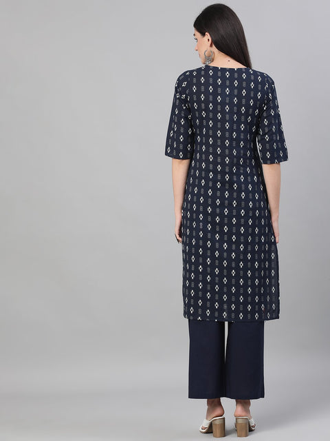 Women Navy Blue Three-Quarter Sleeves Straight Kurta With Palazzo and pockets