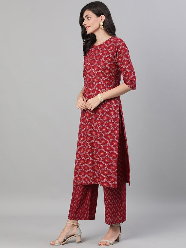 Women Burgundy Gold Printed Three-Quarter Sleeves Straight Kurta With Palazzo and Dupatta with pockets And Face Mask
