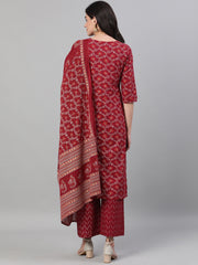 Women Burgundy Gold Printed Three-Quarter Sleeves Straight Kurta With Palazzo and Dupatta with pockets And Face Mask