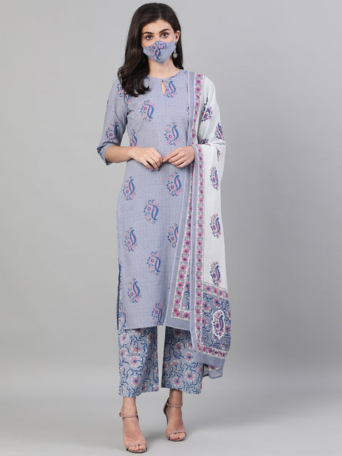 Women Grey Three-Quarter Sleeves Straight Kurta With Palazzo and Dupatta with pockets And Face Mask