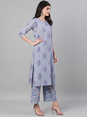 Women Grey Three-Quarter Sleeves Straight Kurta With Palazzo and Dupatta with pockets And Face Mask