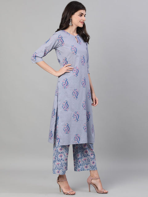 Women Grey Three-Quarter Sleeves Straight Kurta With Palazzo and Dupatta with pockets And Face Mask
