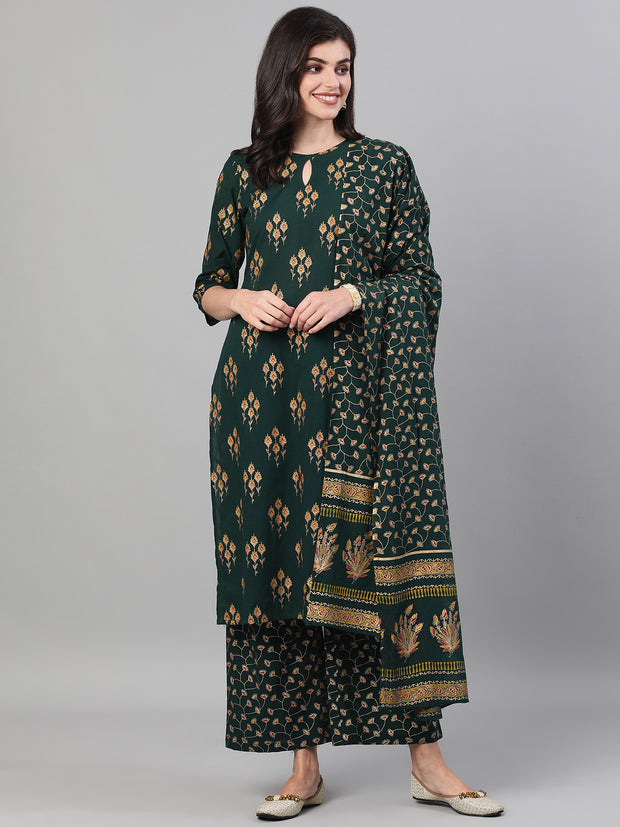 Women Green Gold Printed Three-Quarter Sleeves Straight Kurta With Palazzo and Dupatta with pockets And Face Mask