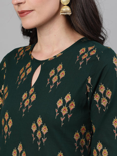 Women Green Gold Printed Three-Quarter Sleeves Straight Kurta With Palazzo and Dupatta with pockets And Face Mask