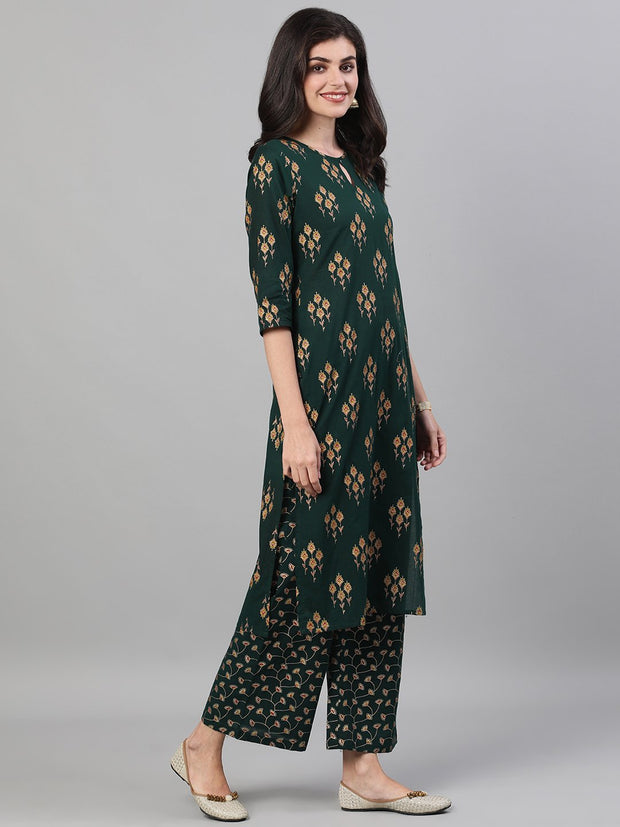 Women Green Gold Printed Three-Quarter Sleeves Straight Kurta With Palazzo and Dupatta with pockets And Face Mask