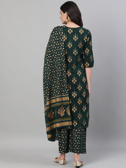 Women Green Gold Printed Three-Quarter Sleeves Straight Kurta With Palazzo and Dupatta with pockets And Face Mask