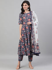 Women Blue Three-Quarter Sleeves Flared Kurta With Palazzo and Dupatta with pockets And Face Mask