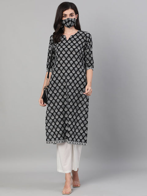Women Black Calf Length Three-Quarter Sleeves Straight Ethnic Motif Printed Cotton Kurta with pockets And Face Mask