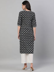 Women Black Calf Length Three-Quarter Sleeves Straight Ethnic Motif Printed Cotton Kurta with pockets And Face Mask