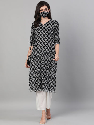 Women Black Three-Quarter Sleeves Straight Kurta With Palazzo and pockets And Face Mask