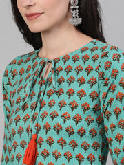 Women Green Calf Length Three-Quarter Sleeves Straight Floral Printed Cotton Kurta with pockets