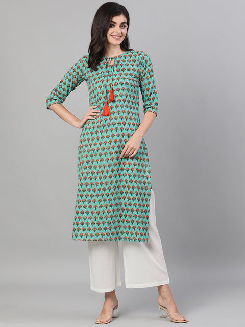 Women Green Three-Quarter Sleeves Straight Kurta With Palazzo with pockets