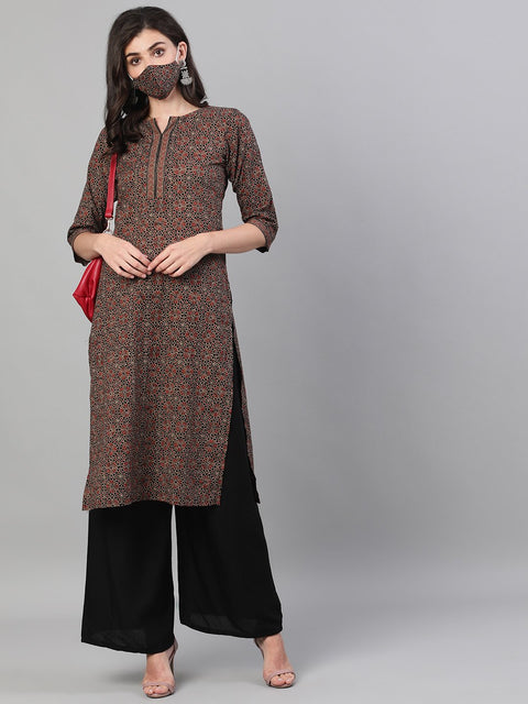 Women Brown Calf Length Three-Quarter Sleeves Straight Ethnic Motif Printed Cotton Kurta with pockets And Face Mask