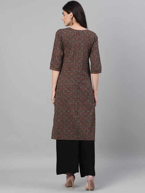 Women Brown Calf Length Three-Quarter Sleeves Straight Ethnic Motif Printed Cotton Kurta with pockets And Face Mask