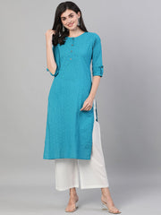 Women Firozi Calf Length Three-Quarter Sleeves Straight Bandhani Printed Cotton Kurta with pocket