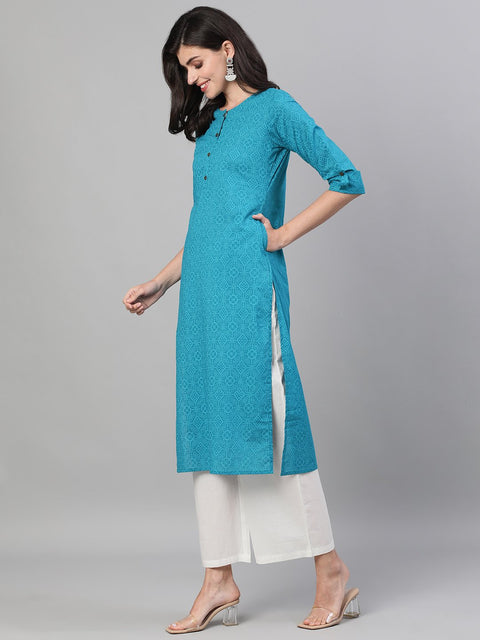 Women Firozi Calf Length Three-Quarter Sleeves Straight Bandhani Printed Cotton Kurta with pocket