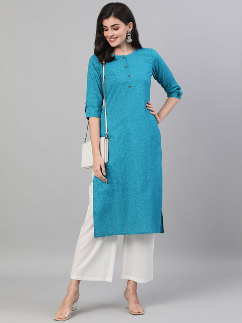 Women Firozi Calf Length Three-Quarter Sleeves Straight Bandhani Printed Cotton Kurta with pocket