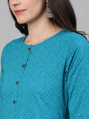 Women Firozi Three-Quarter Sleeves Straight Kurta With Palazzo with pockets