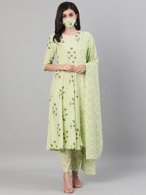 Women Green Three-Quarter Sleeves Straight Kurta With Palazzo and Dupatta with pockets And Face Mask