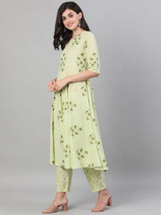 Women Green Three-Quarter Sleeves Straight Kurta With Palazzo and Dupatta with pockets And Face Mask