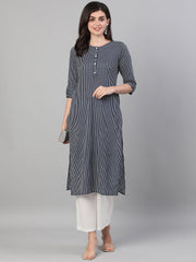 Women Navy Blue Calf Length Three-Quarter Sleeves Straight Striped Printed Cotton Kurta with pockets