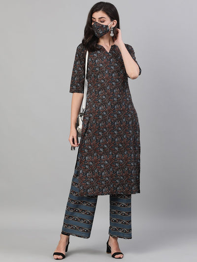 Women Brown and Blue Three-Quarter Sleeves Straight Kurta With Palazzo with pockets And Face Mask