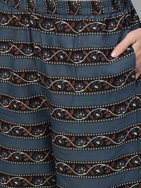 Women Brown and Blue Three-Quarter Sleeves Straight Kurta With Palazzo with pockets And Face Mask