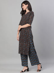 Women Brown and Blue Three-Quarter Sleeves Straight Kurta With Palazzo with pockets And Face Mask