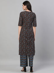 Women Brown and Blue Three-Quarter Sleeves Straight Kurta With Palazzo with pockets And Face Mask