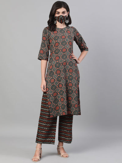 Women Green and Orange Three-Quarter Sleeves Straight Kurta With Palazzo with pockets And Face Mask