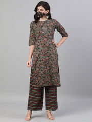 Women Green and Orange Three-Quarter Sleeves Straight Kurta With Palazzo with pockets And Face Mask