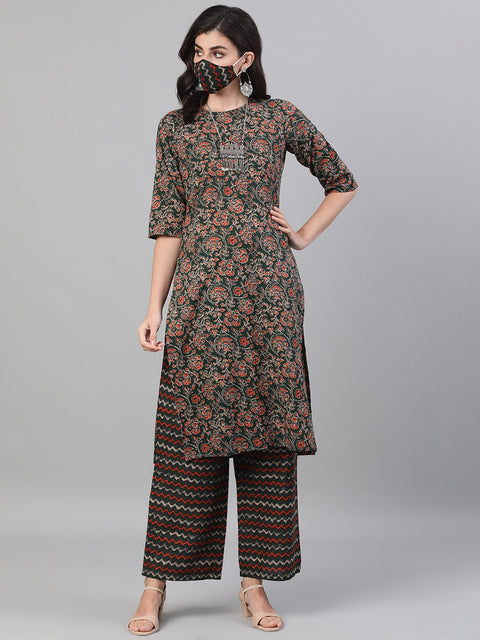 Women Green and Orange Three-Quarter Sleeves Straight Kurta With Palazzo with pockets And Face Mask
