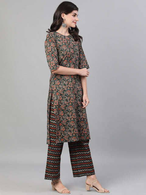 Women Green and Orange Three-Quarter Sleeves Straight Kurta With Palazzo with pockets And Face Mask