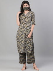Women Black and GreenThree-Quarter Sleeves Straight Kurta With Palazzo with pockets And Face Mask