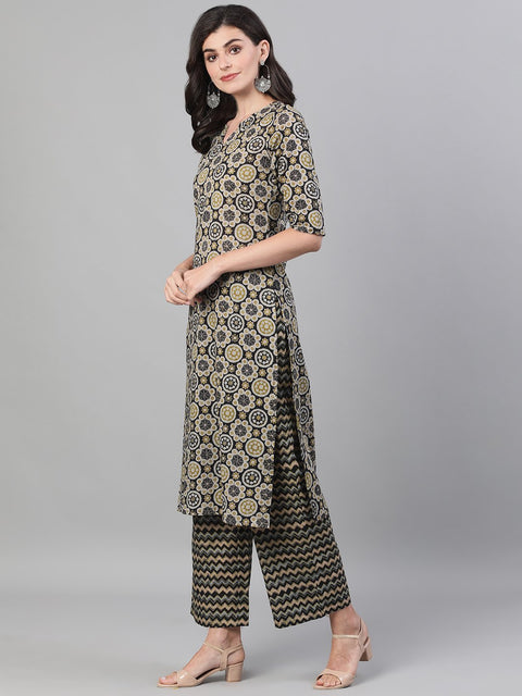 Women Black and GreenThree-Quarter Sleeves Straight Kurta With Palazzo with pockets And Face Mask