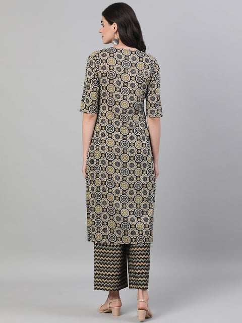 Women Black and GreenThree-Quarter Sleeves Straight Kurta With Palazzo with pockets And Face Mask