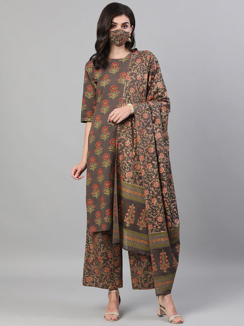 Women Grey and Orange Gold Printed Three-Quarter Sleeves Straight Kurta With Palazzo and Dupatta with pockets And Face Mask